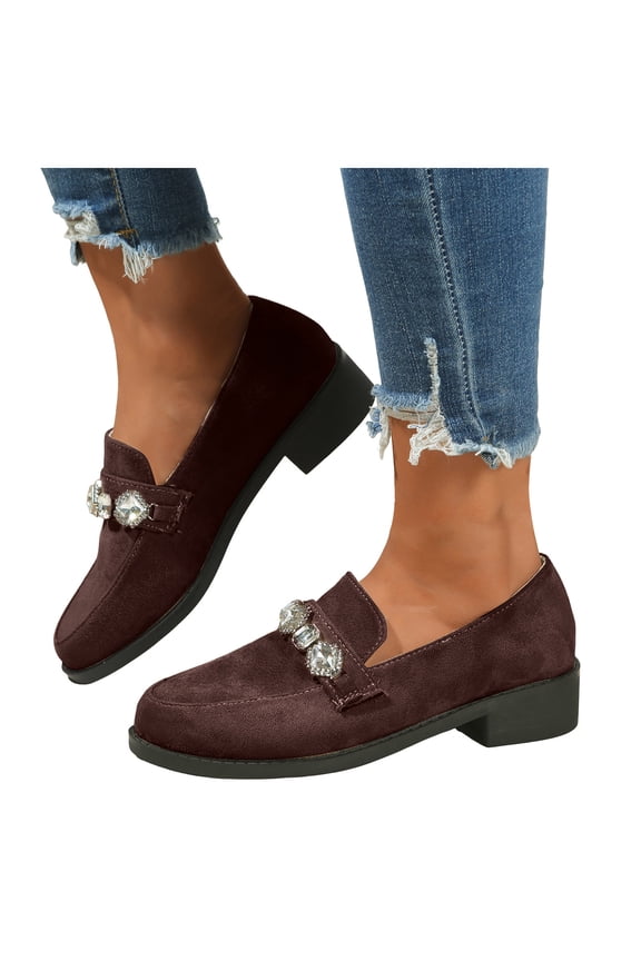 Suede Loafers for Women Comfortable Slip On Glitter Rhinestone Dress Shoes Block Low Heel Non Slip Fall Shoes Brown Size 8