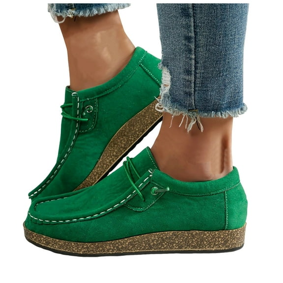 Suede Loafers for Women Wide Toe Box Comfortable Non Slip Dress Shoes Lace Up Cork Low Heel Slip On Tennis Shoes Green Size 7