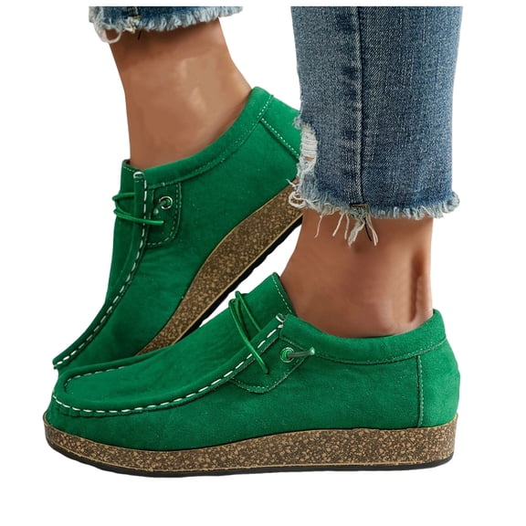 Suede Loafers for Women Wide Toe Box Comfortable Non Slip Dress Shoes Lace Up Cork Low Heel Slip On Tennis Shoes Green Size 8.5