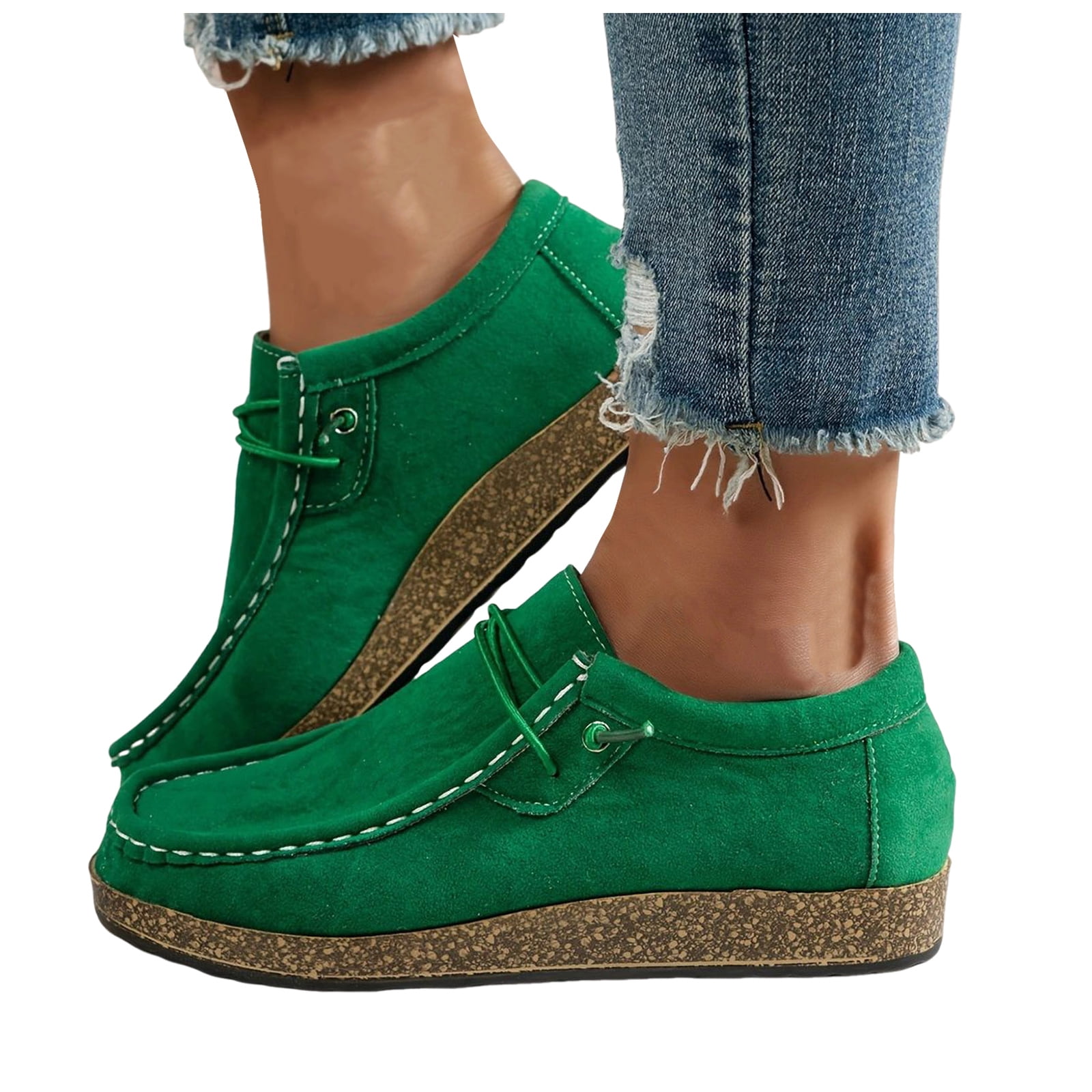 Suede Loafers for Women Wide Toe Box Comfortable Non Slip Dress Shoes Lace Up Cork Low Heel Slip On Tennis Shoes Green Size 9.5