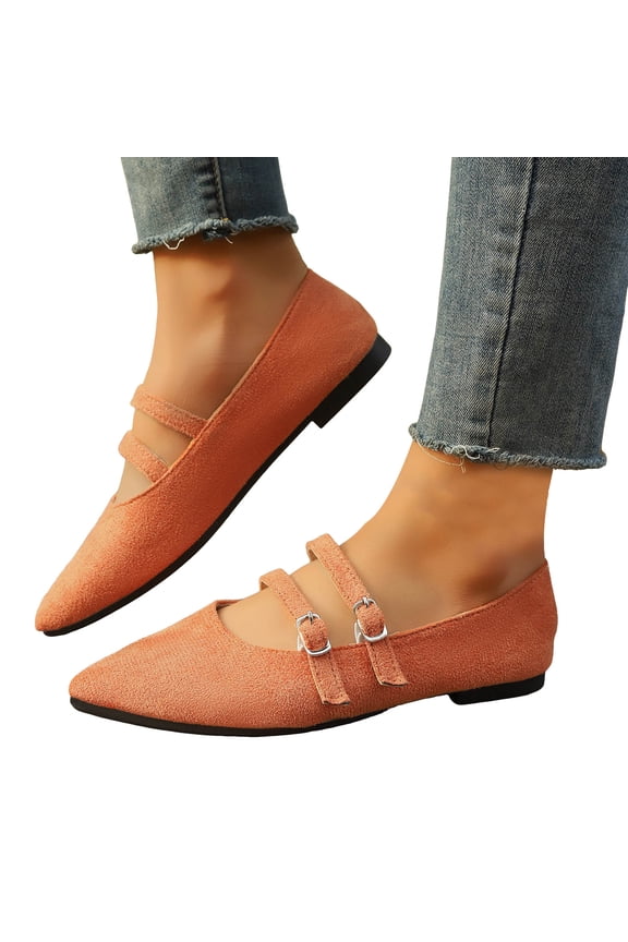 Suede Mary Jane Shoes for Women Lightweight Pointed Toe Ballet Flats Dressy Shoes with Double Ankle Strap Orange Size 6