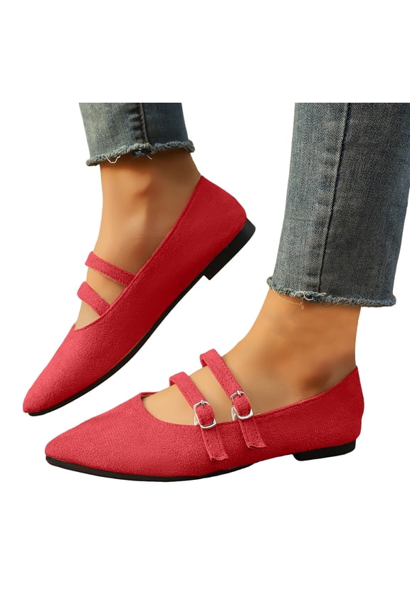 Suede Mary Jane Shoes for Women Lightweight Pointed Toe Ballet Flats Dressy Shoes with Double Ankle Strap Red Size 6