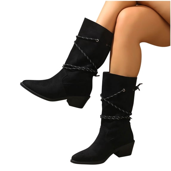 Suede Mid Calf Boots for Women Cowboy Boots Pointed Toe Low Heel Booties Fashion Dressy Pull on Wide Calf Solid Color Comfortable Shoes