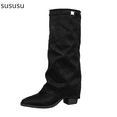 thumbnail image 1 of Suede Mid Calf Boots with Pointed Toe and Ankle Strap Fashion Knee High Booties for Fall Winter Comfortable Wear, 1 of 7