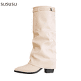 thumbnail image 1 of Suede Mid Calf Boots with Pointed Toe and Ankle Strap Fashion Knee High Booties for Fall Winter Comfortable Wear, 1 of 7