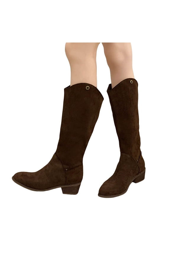 Suede Mid Calf Fall Boots for Women Adjustable Fold Over Ankle Booties Chunky Heel Pull on Pointed Toe Tall Boots