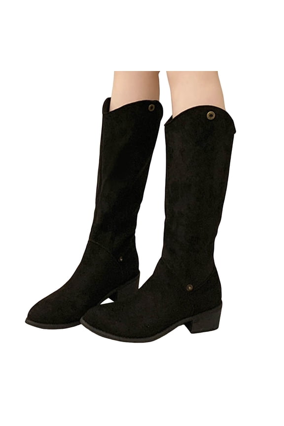 Suede Mid Calf Fall Boots for Women Adjustable Fold Over Ankle Booties Chunky Heel Pull on Pointed Toe Tall Boots