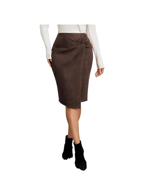 Suede Midi Skirts for Women High Waist Office Casual Wrap Skirt Hgh Waist Twist Knot for Work and Daily Wear Brown M