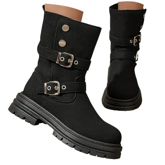 Suede Motorcycle Boots for Women Lug Sole Chunky Heel Adjustable Button Buckle Straps Mid Calf Riding Booties