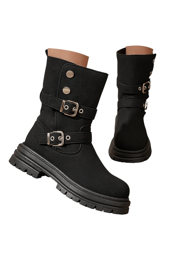 Suede Motorcycle Boots for Women Lug Sole Chunky Heel Adjustable Button Buckle Straps Mid Calf Riding Booties