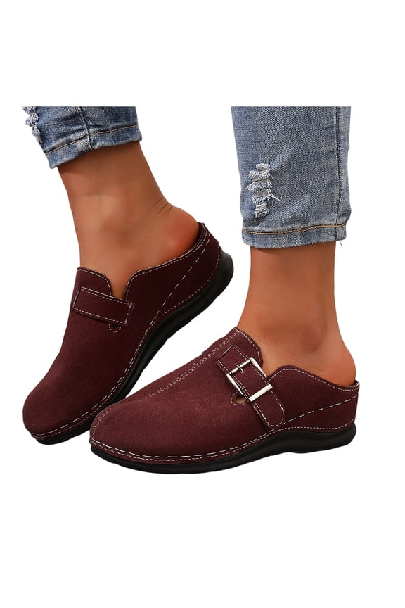Suede Mules for Women Closed Toe Low Wedge Sandals Comfortale Slip on Walking Shoes Non Slip Casual Summer Outdoor Slippers Wine Size 9