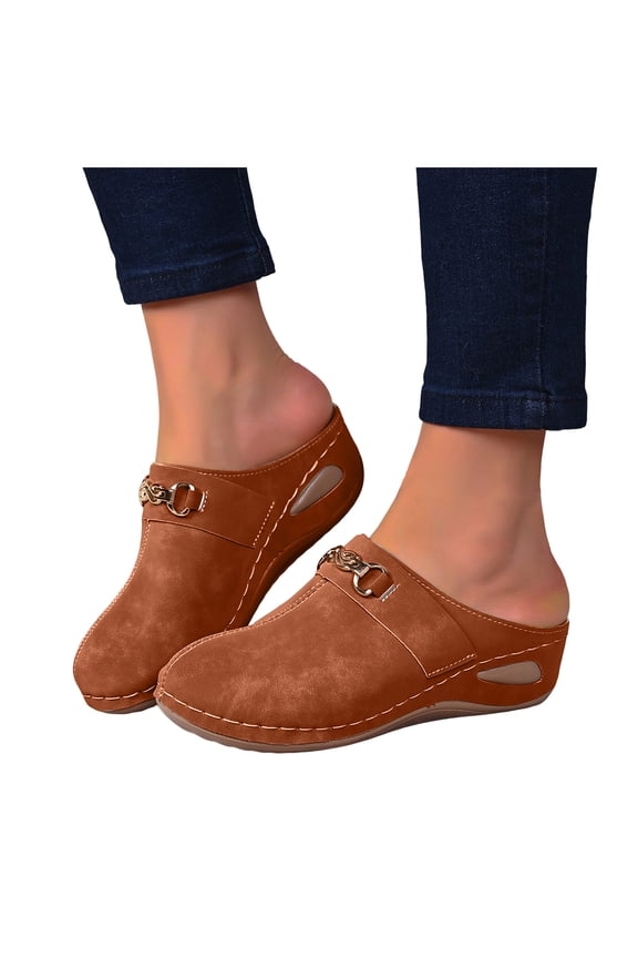 Suede Mules for Women Fashion Metal Chain Closed Toe Wedge Sandals Comfortable Slip on Platform Walking Shoes Brown Size 9.5