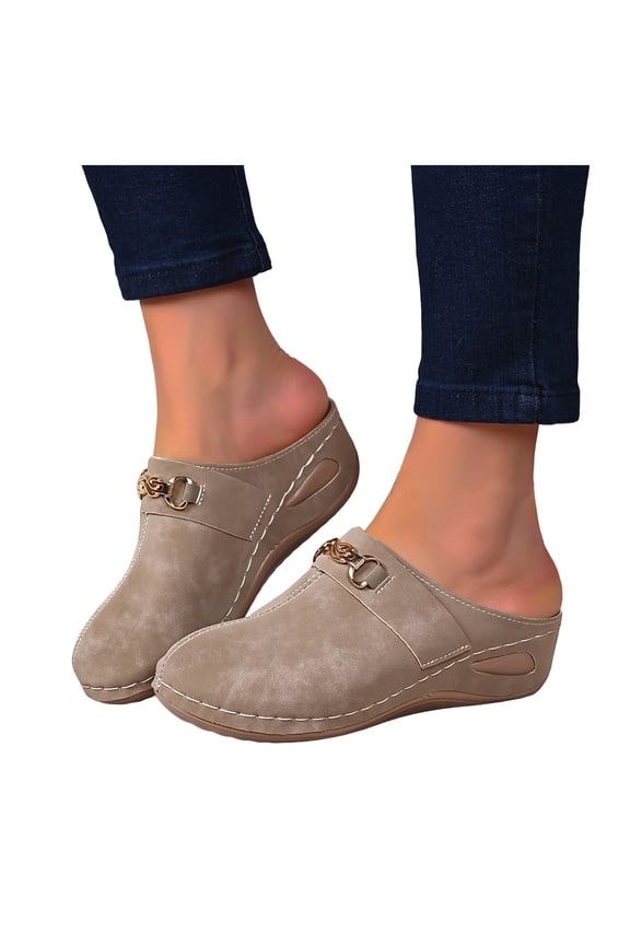 Suede Mules for Women Fashion Metal Chain Closed Toe Wedge Sandals Comfortable Slip on Platform Walking Shoes Khaki Size 9