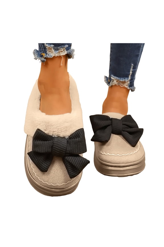 Suede Platform Slippers for Women Sweet Bowknot Winter Plush Warm Comfy Soft Sole Nonslip Casual Slip on House Shoes White Size 8.5