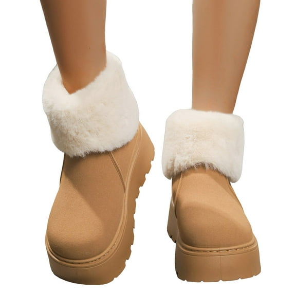 Suede Platform Winter Boots for Women Fold Over Fuzzy Plush High Top Round Toe Ankle Snow Boooties