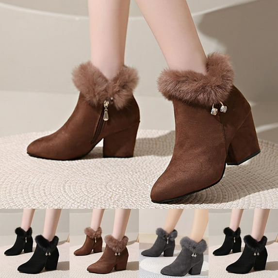 Suede Pointed Toe Rhinestone Ankle Boots Thick Heel Solid Color Stylish Fall Winter Casual Footwear for Women