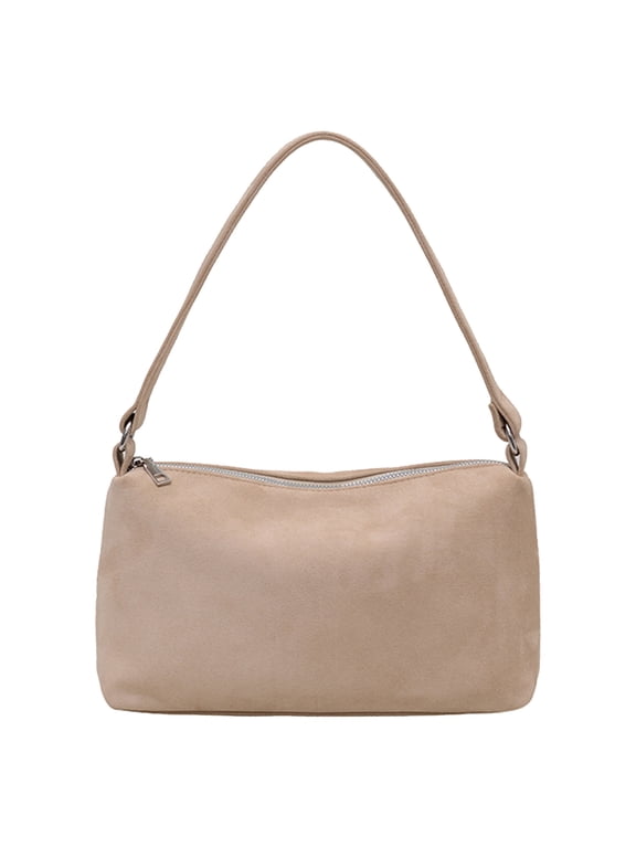 Suede Retro Shoulder Bag Solid Color Simple Underarm Bag Zipper Closure Stylish Armpit Bag Travel Date Shopping Handbag (Beige)