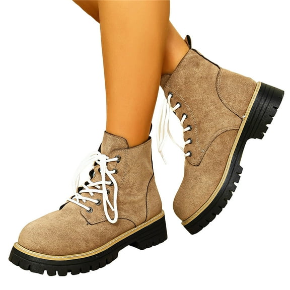 Suede Riding Boots for Women Chunky Lug Sole Low Heel Lace up Fall Winter Dress Booties Casual Round Toe Work Boots