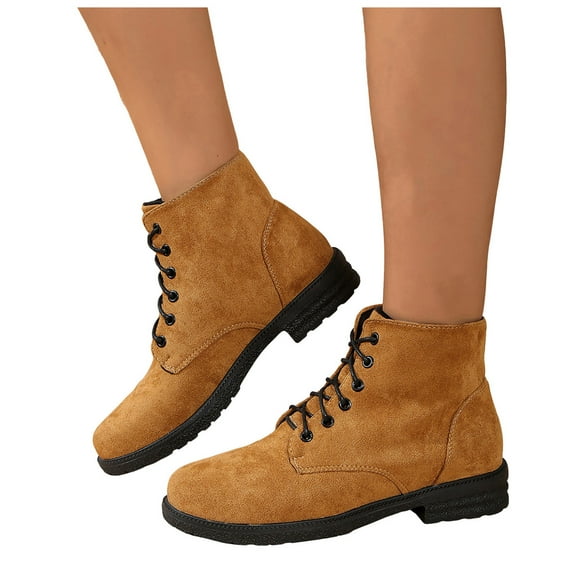 Suede Riding Boots for Women Round Toe Lace up Low Heel Lightweight Fall Winter Short Ankle Booties