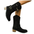thumbnail image 1 of Suede Riding Boots for Women Round Toe Pull on Wide Calf Cowboy Boots Stacked Heel Mid Calf Booties, 1 of 7