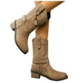 thumbnail image 1 of Suede Riding Boots for Women Round Toe Pull on Wide Calf Cowboy Boots Stacked Heel Mid Calf Booties, 1 of 8