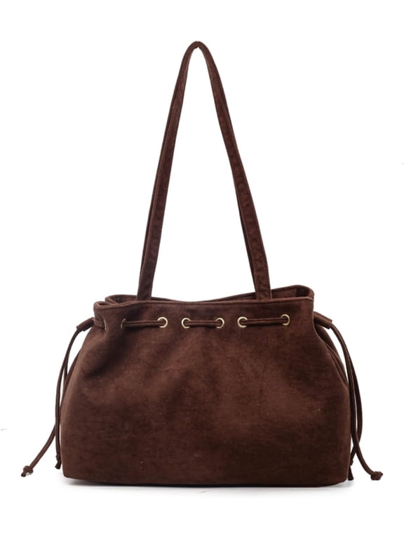 Suede Shoulder Bag Vintage Drawstring Medium Handbag Slouchy Purse
