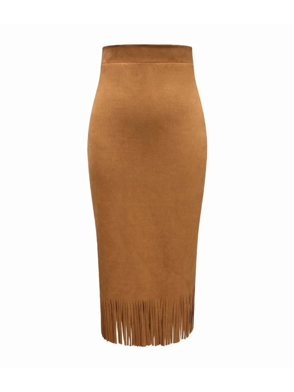 Suede Skirts for Women Fall Winter Midi Pencil Skirt with Tassel Light Brown L
