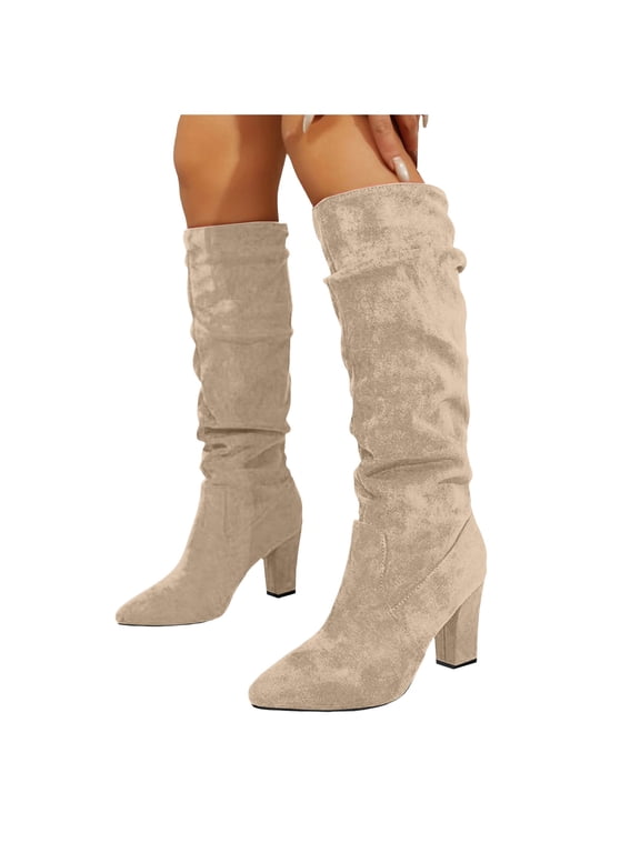 Suede Slouchy Knee High Boots for Women Chunky High Heeled Wide Width Knee Length Stretch Fall Booties