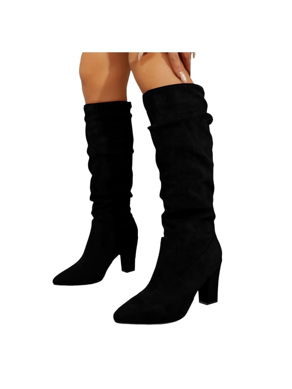 Suede Slouchy Knee High Boots for Women Chunky High Heeled Wide Width Knee Length Stretch Fall Booties