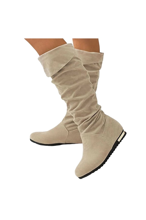 Suede Slouchy Knee High Boots for Women Wide Calf Flat Low Heel Height Increasing Dress Long Booties