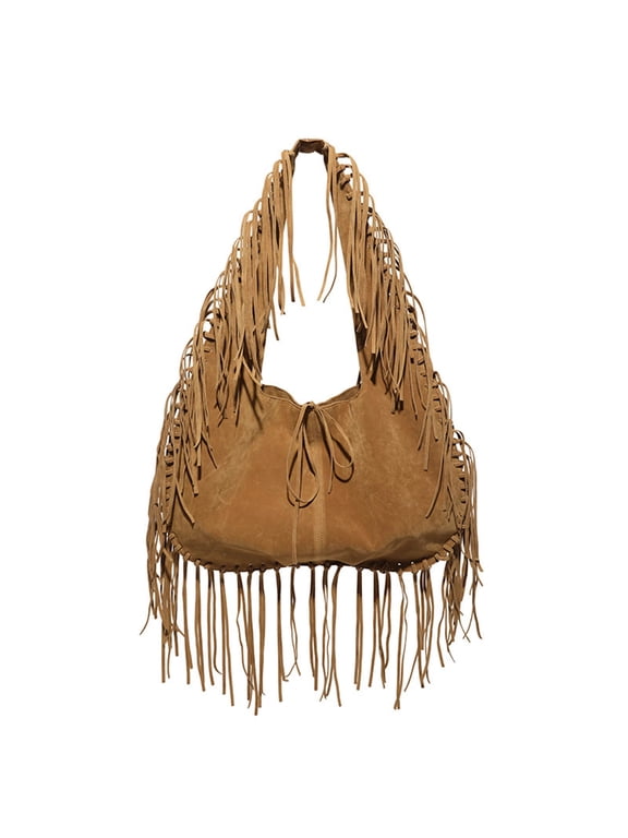 Suede Slouchy Shoulder Bag Boho Fringe Suede Tote Bag for Women Slouchy Hobo Bow Purse Soft Western Hippie Large Shoulder Bags Fall for Daily Travel Work .