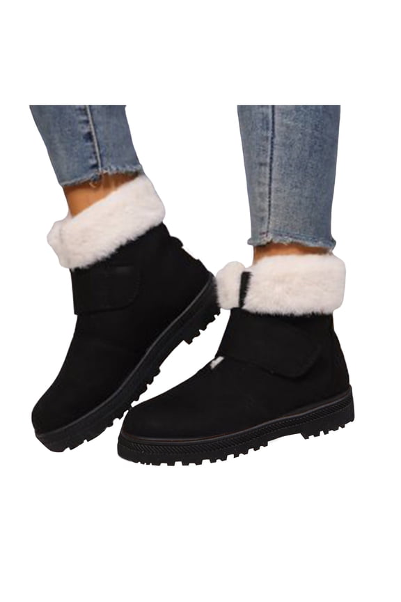 Suede Snow Boots for Women Hook and Loop Casual Fuzzy Winter Booties Lug Sole Platform Flat Heel Ankle Boots Black 10