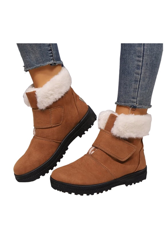 Suede Snow Boots for Women Hook and Loop Casual Fuzzy Winter Booties Lug Sole Platform Flat Heel Ankle Boots Brown 9.5