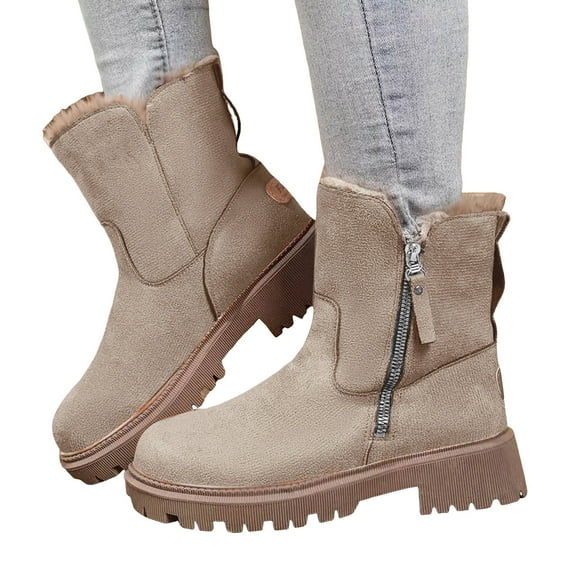 Suede Snow Boots for Women Thicken Furry Lined Round Toe Chunky Lug Sole Zip up Winter Ankle Booties