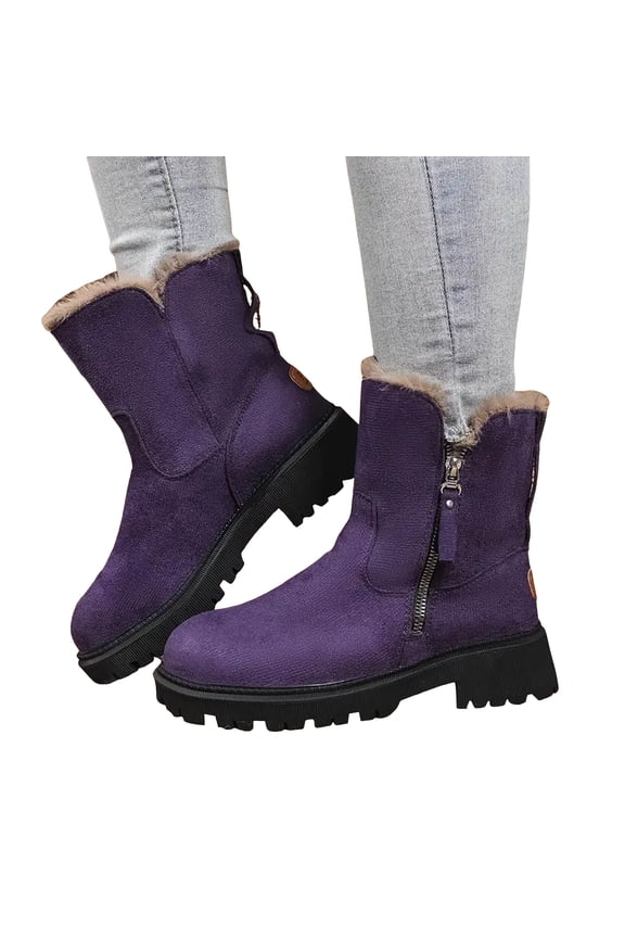 Suede Snow Boots for Women Thicken Furry Lined Round Toe Chunky Lug Sole Zip up Winter Ankle Booties
