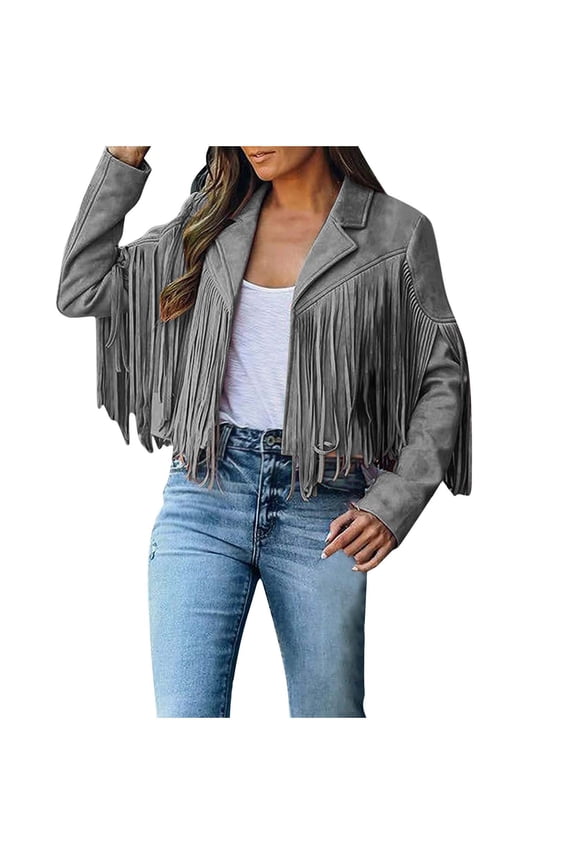 Suede Tassel Crop Jacket Women Fringed Hem Tassel Cardigan Vintage Lapel Hippie Motor Biker Streetwear Coat