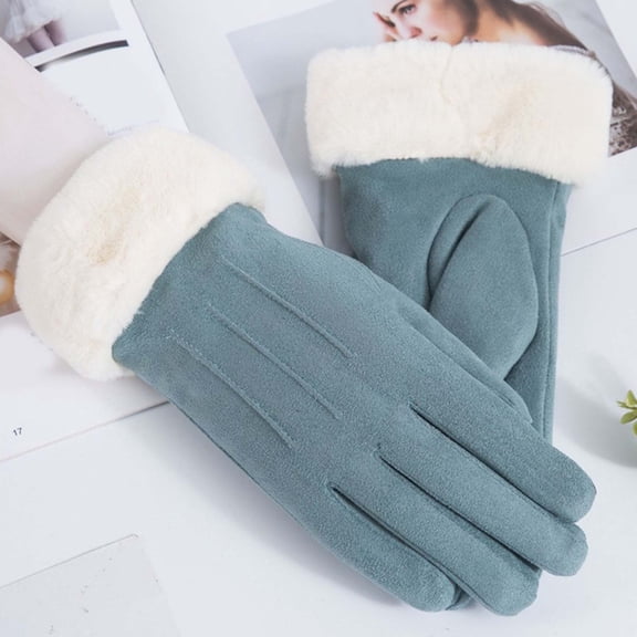 Suede Warm Gloves Winter Ladies Student Cute Korean Version With Fleece Thickened Outdoor Riding Screen Gloves Blue