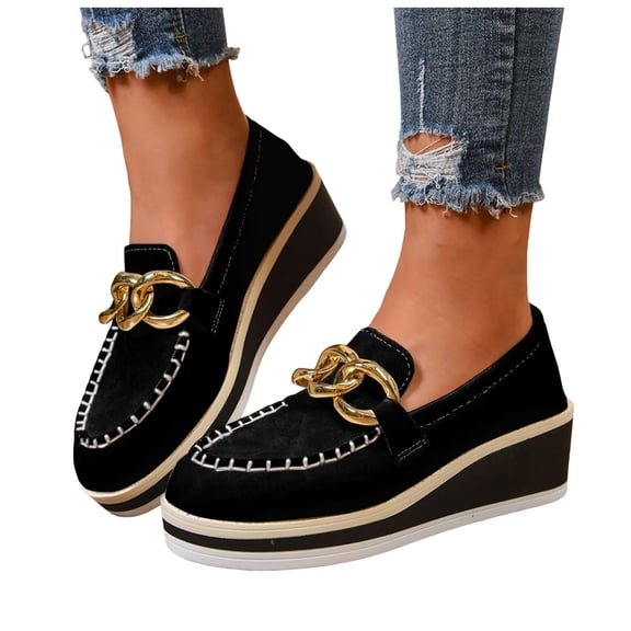 Suede Wedge Platform Loafers for Women Non Slip Comfortable Moc Toe Walking Shoes Casual Slip On Low Top Dress Shoes Black Size 8