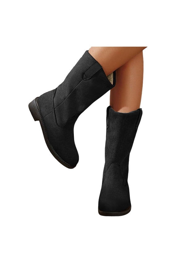 Suede Winter Boots for Women Vintage Pull on Western Wide Calf Booties Round Toe Low Heel Mid Calf Boots