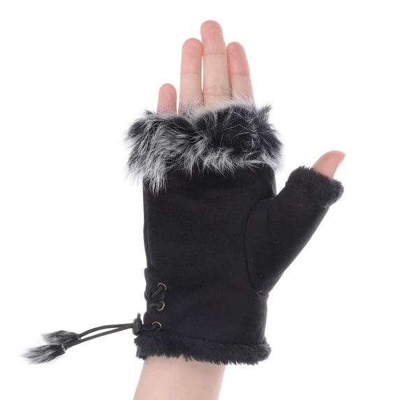 Suede Women Fingerless Gloves Faux Fur Warm Wrist Half Finger Driving Texting Winter Fuzzy Cold Weather Warmer Mitten