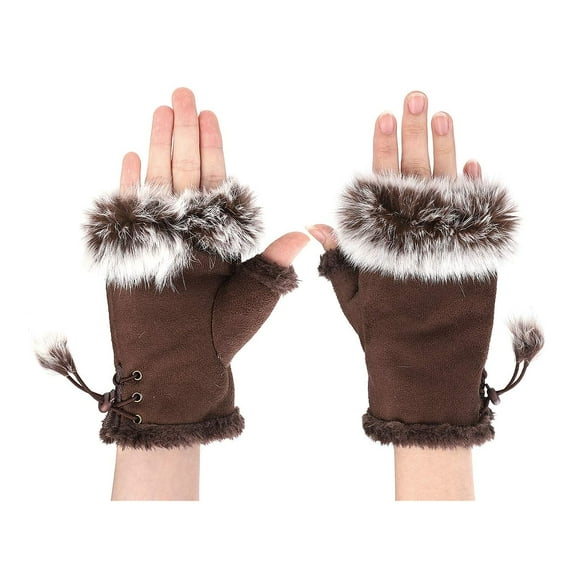 Suede Women Fingerless Gloves Faux Fur Warm Wrist Half Finger Driving Texting Winter Fuzzy Cold Weather Warmer Mitten