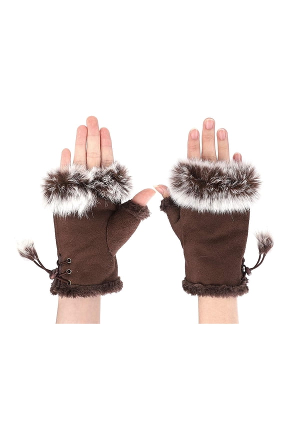 Suede Women Fingerless Gloves Faux Fur Warm Wrist Half Finger Driving Texting Winter Fuzzy Cold Weather Warmer Mitten