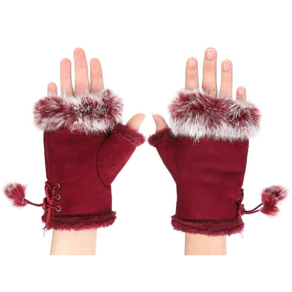 Suede Women Fingerless Gloves Faux Fur Warm Wrist Half Finger Driving Texting Winter Fuzzy Cold Weather Warmer Mitten