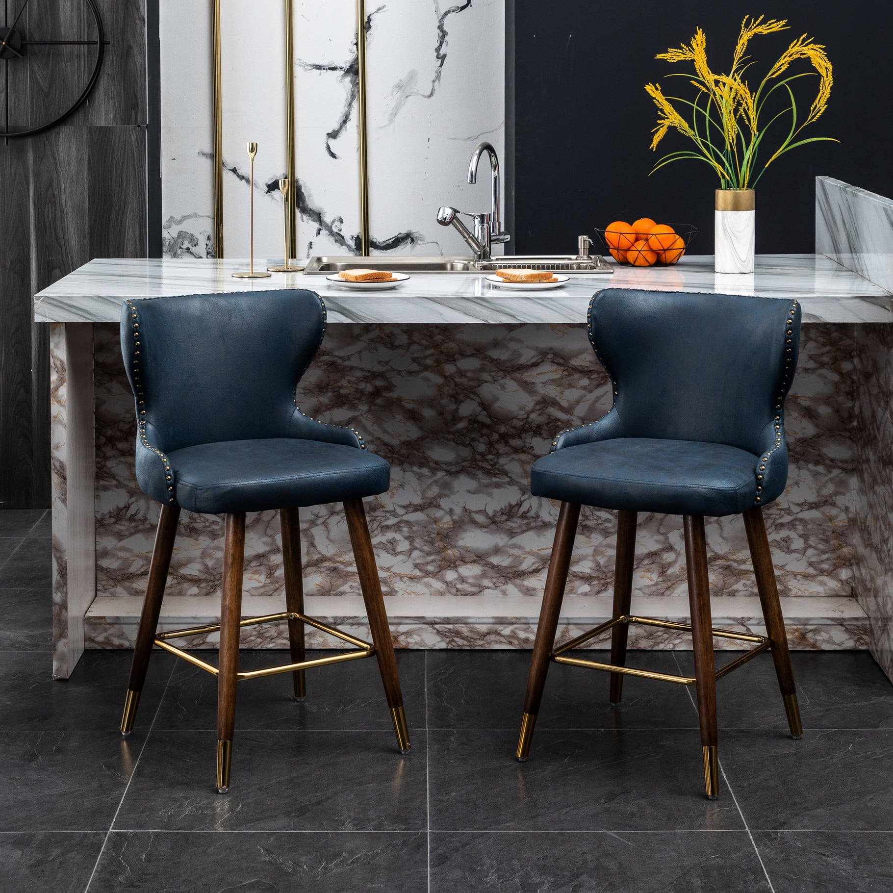 Suede - like Fabric & Nailhead Trim - Mid - century Counter Stool Set ...