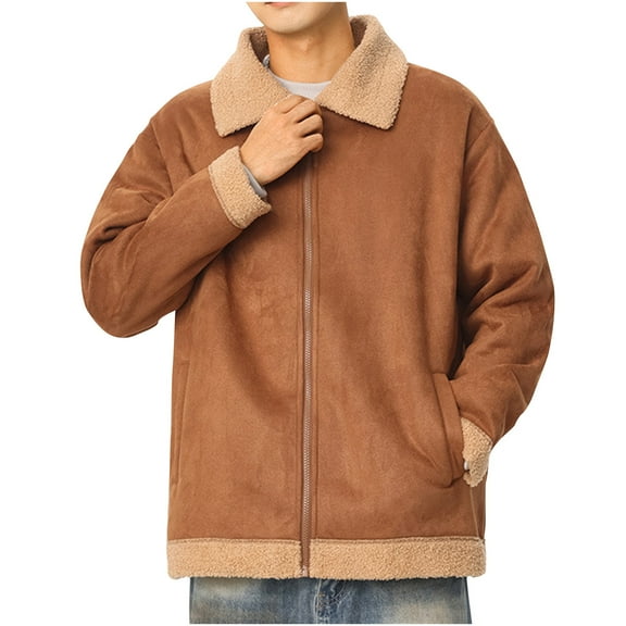 Sueded Jackets for Men with Pockets and Collar Long Sleeve Zip Up Coats Mens Trendy Solid Color Slim Thermal Warm Motorcycle Outerwear Jacket