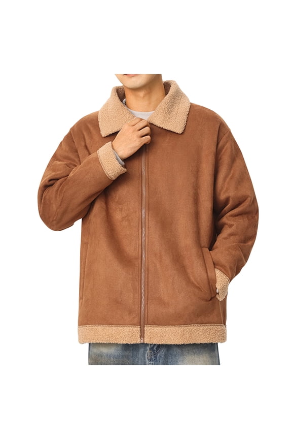 Sueded Jackets for Men with Pockets and Collar Long Sleeve Zip Up Coats Mens Trendy Solid Color Slim Thermal Warm Motorcycle Outerwear Jacket