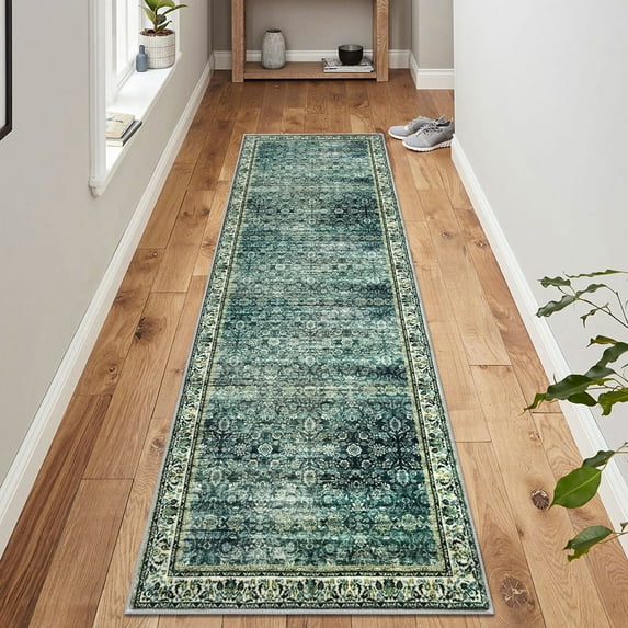 Suelur 2x8 Green Washable Runner Rug for Kitchen Soft Neutral Vintage Runner with Non-Slip Non-Shedding Printed Distressed Floral Rug for Entryway Hallways Laundry Indoor Bedroom