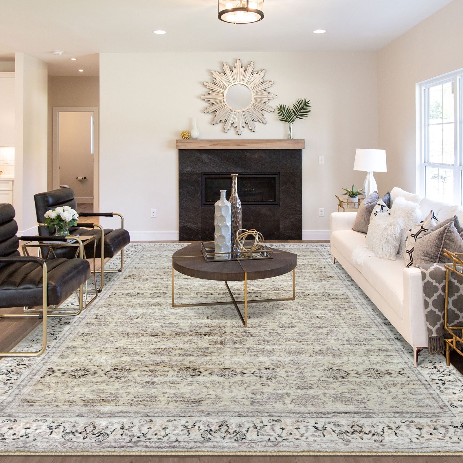 Suelur Beige Yellow 8x10 Area Rug for Bedroom Large Washable Area Rug for Living Room Soft Printed Vintage Neutral Rug with Non-Slip Non-Shedding Farmhouse Carpet for Dining Room Home Office