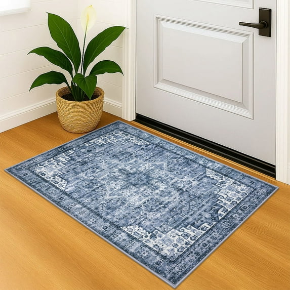 Suelur Small Area Rugs 2x3 Blue Washable Rug for Entryway Soft Non-Slip Throw Rugs Low-Pile Printed Distressed Medallion Indoor Door Mat for Entrance Foyer Bedside