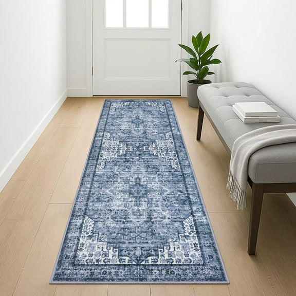 Suelur Runner Rugs 2x5 Blue Runner for Hallways Non-Slip Washable Kitchen Runner with Rubber Backing Soft Printed Distressed Medallion Floor Carpet Runner for Laundry Bedroom Entryway